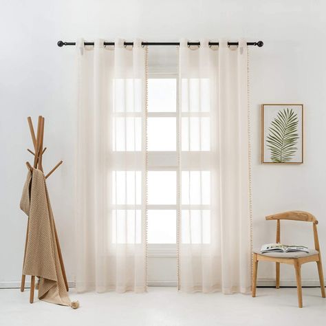 Curtains Cream, Ruangan Studio, Drapes For Bedroom, Earthy Bedroom, Drapes For Living Room, Building Aesthetic, White Sheer Curtains, Striped Curtains, Voile Curtains