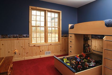 Trim and Corners | WoodHaven Log & Lumber - Children's bedroom - waines coating, 5-inch prefinished knotty pine with 4-inch double bull nose window trim, single bull nose base trim Interior Window Trim Ideas, Wall Remodel, Window Trim Ideas, Interior Wood Paneling, Knotty Pine Paneling, Pine Paneling, Color Compliments, Rustic Remodel, Interior Window Trim