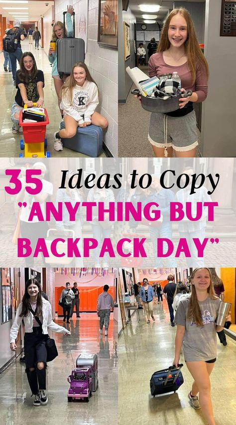 35 genius Anything but backpack day ideas to copy No Backpack Day At School, Anything But The Backpack Day, What To Bring For Anything But A Backpack Day, No Backpack Day Ideas Funny, Anything But Backpack Day Ideas, Anything But A Bag Day Ideas For School, Bring Anything But A Backpack Day Ideas, Anything But A Bookbag Day, Any Thing But A Backpack Ideas