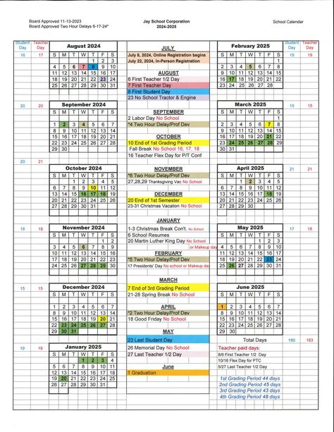 24-25 School Calendar with Two Hour Delays.pdf Calendar Board, 17 August, School Calendar, Online Registration, Student Teacher