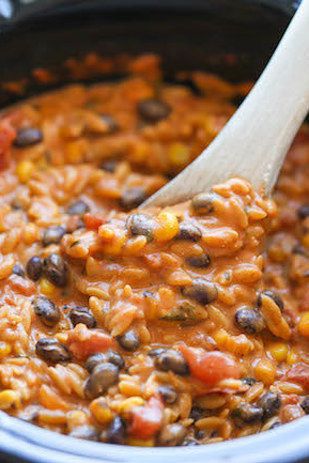 tomatoes, green chiles, black beans, corn — cook for several hours, then the orzo Enchilada Orzo, Slow Cooker Frittata, Crock Pot Vegetables, Slow Cooker Vegetarian Chili, Slow Cooker Enchiladas, Dump Dinners, No Meat, Slow Cooker Vegetarian, Beans And Rice