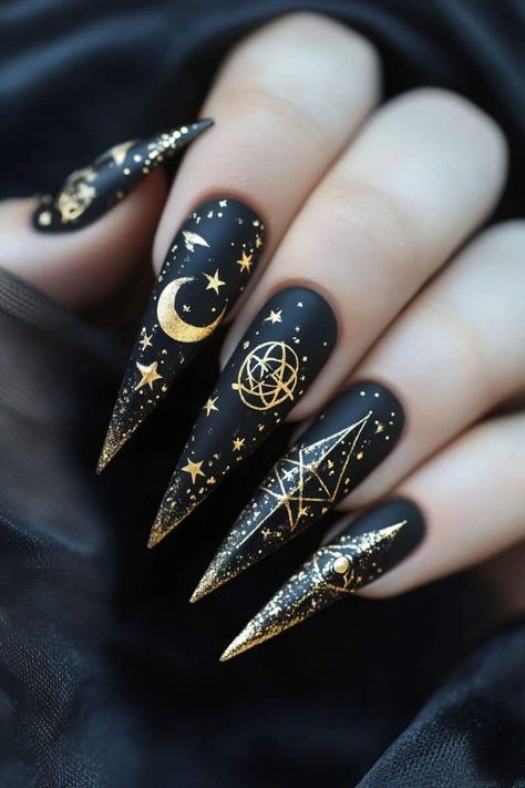 Om Nails Design, Moon Acrylic Nail Designs, Dark Witch Nails, Alchemy Nails, Mythical Nails, Witchy Nails Acrylic, Mystical Nail Designs, Acotar Nails, Witchy Nail Art