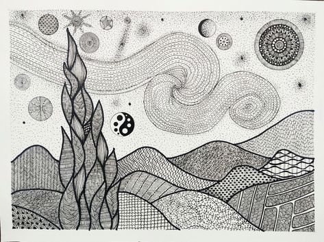 This painting is starry night's zentangle version created in lines and curves imitating the original painting's brush strokes. Starry Night Line Drawing, Lines And Curves Drawings, Curved Lines Drawing, Starry Night Line Art, Pattern Design Drawing, Drawing Patterns, Drawn Icons, Zentangle Pattern, Dancer Photography