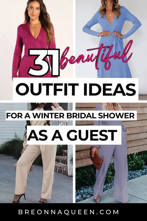 "Winter bridal showers are the perfect opportunity to show off your fashion sense. Check out our list of 31 outfit ideas to make sure you're the best-dressed guest. #bridalshoweroutfits #winterfashion #styleinspo" Bridal Shower Winter Outfit Guest, Engagement Party Guest Outfit Winter, Bridal Shower Bridesmaid Outfit, Bridal Shower Attire For Guest Winter, Bridal Shower Host Outfit, Couples Shower Outfit Guest, Wedding Shower Outfit For Guest Winter, Cold Weather Wedding Outfit Guest Casual, Winter Shower Outfit For Guest