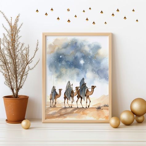 Men Watercolor, Advent Decor, Bible Painting, Nativity Painting, Roi Mage, Jesus Christmas, Star Of Bethlehem, Three Wise Men, Art Bible