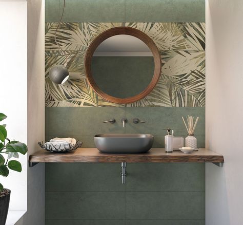 Wash Basin Design, Jungle Bathroom, Tropical Tile, Soft Industrial, Patterned Wall Tiles, Jungle Foliage, Toilet Room Decor, Modern Industrial Design, Small Toilet Room