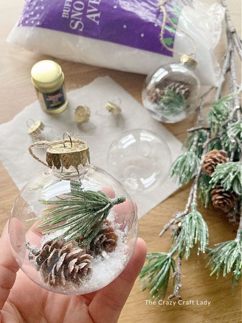 DIY pine snow globe ornaments Plastic Globe Ornaments, Projects With Clear Ornaments, Clear Tree Ornament Ideas, Glass Ball Ornament Ideas Easy Diy, Glass Christmas Balls Ideas, Diy Craft Christmas Ornaments, Filled Glass Ornaments, Fake Snow Ornaments Diy, Christmas Glass Ornaments Diy Ideas