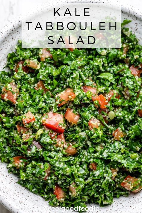 Kale Tabbouleh Salad is a modern twist on the traditional Middle Eastern recipe, using kale instead of parsley along with tomatoes, bulgur, mint, lemon and olive oil | Lebanese Food | Lebanese Recipes | Mediterranean diet | Vegan Recipes | Salads | Ramadan #tabbouleh #tabouli #kaletabbouleh #lebaneserecipes #feelgoodfoodie Tabouli Salad Recipe, Lebanese Tabbouleh, Tabbouleh Salad Recipe, Tabouli Salad, Mediterranean Appetizers, Vegan Mediterranean, Tabbouleh Recipe, Chopped Vegetables, Keto Salad