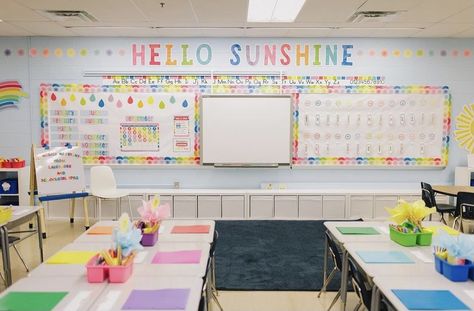 Rainbow Aesthetic Classroom, Classroom Themes Colorful, Colorful Elementary Classroom, Bright Colored Classroom Theme, Rainbow Preschool Theme Classroom Decor, Colorful Kindergarten Classroom Themes, Rainbow Kindergarten Classroom, Hello Sunshine Classroom Decor, Bright Classroom Themes