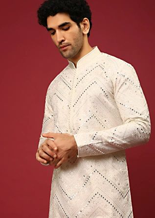 Indian Traditional Dresses For Men, Traditional Dresses For Men, White Kurta Set, Mirror Work Kurta, Indian Traditional Dresses, Ethnic Jacket, Rich Outfits, Dresses For Men, Mirror Embroidery