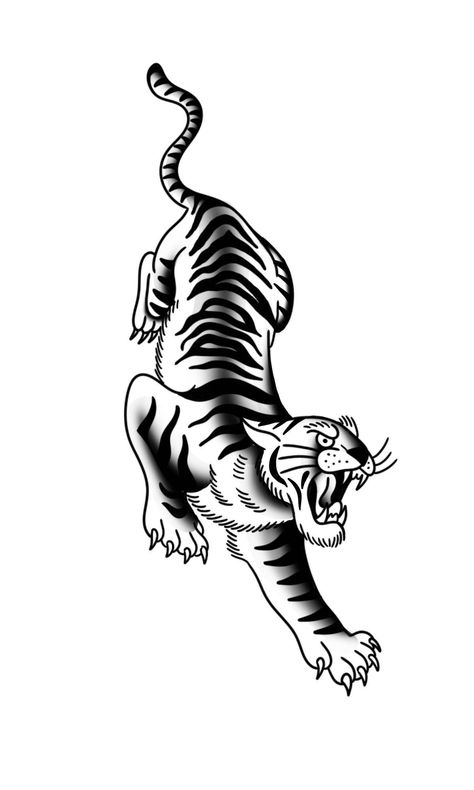 Tiger American Traditional Tattoo, Traditional Tiger Tattoo Flash, Old School Tattoo Tiger, Trad Tiger Tattoo, Old School Animal Tattoo, American Traditional Tiger Tattoo, Tiger Tattoo Traditional, Tiger Traditional Tattoo, American Traditional Tiger