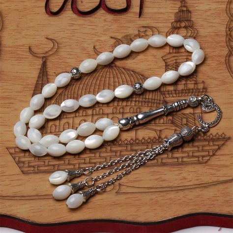 White Shell Prayer Beads $47.88 bit.ly/3hCYQMU Tiger Skin, Islamic Prayer, Onyx Bracelet, Bead Chain, Black Agate, Mala Beads, Prayer Beads, Beaded Chain, Rosary