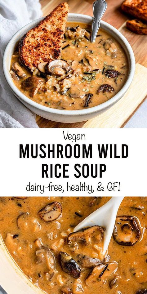 Mushroom Rice Soup, Mushroom Wild Rice Soup, Mushroom Wild Rice, Vegan Mushroom, Vegan Soup Recipes, Wild Rice Soup, Tasty Vegetarian Recipes, Vegan Soups, Rice Soup