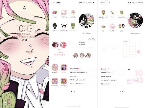 Anime Themed Home Screen, Demon Slayer Phone Layout, Anime Home Screen, Demon Slayer Mitsuri, Android Aesthetic, Anime Home, Lockscreen Ios, Baby Pink Aesthetic, Phone Layout