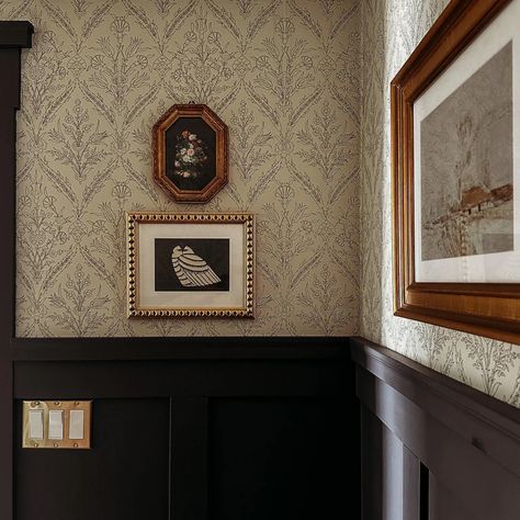 The Wallpaper Collection – North and Finch French Floral Wallpaper Room, Panel Wallpaper Staircase, Framed Wallpaper Panels Entryway, Modern Wainscoting With Wallpaper, Moody Hallway, Victorian Laundry, Moody Neutrals, Texas House, Sacred Spaces