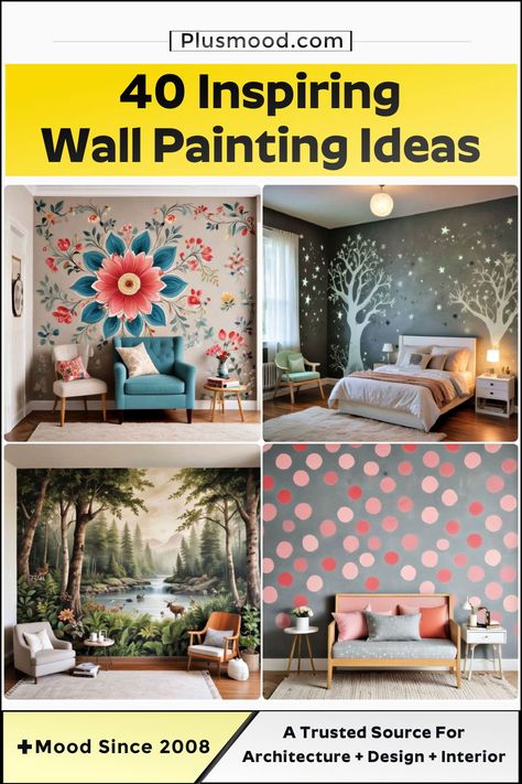 40 Wall Painting Ideas To Refresh Your Home Square Wall Paint Design, Colorful Wall Ideas, Bedroom Painting Ideas Creative, Wall Painting Mural Ideas, Home Decor Paint, Painting Decoration Wall, Wall Pattern Ideas, Painting Accent Walls, Cool Wall Paintings