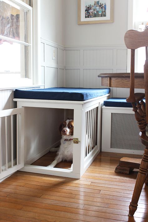 DIY Built in dog cage Built In Dog Cages, Ikea Hol Dog Crate, Night Stand Dog Crate, Dog Kennel Built In, Hidden Dog Crate, Built In Dog Kennel, Built In Dog Crate, Room For Pets, Puppy Cage