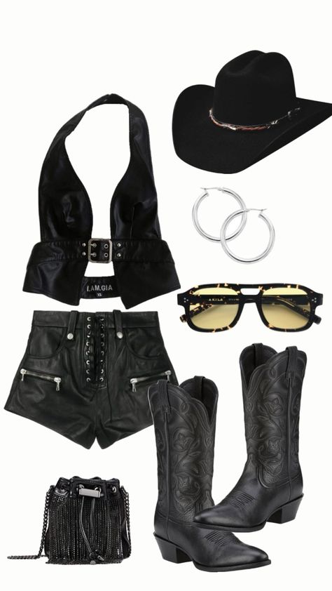 Cowboy Rockstar Outfit, Aesthetic Nashville Outfits, La La Palooza Outfits, Cool Cowgirl Aesthetic, Biker Cowgirl Outfit, Rodeo Inspo Outfits, Nickleback Concert Outfits, Biker Cowgirl Aesthetic, Cowboy Club Outfit