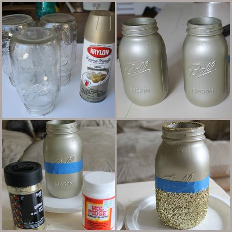 Graduation Mason Jars, Diy Mason Jar Crafts, Glitter Mason Jars, Glitter Spray, Diy Glitter, Diy Father's Day Gifts, Mason Jar Crafts Diy, Glitter Dipped, Mason Jar Centerpieces