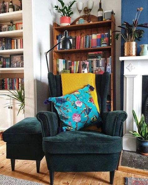 Strandmon Chair Green, Stained Bookcase, Strandmon Chair, Ikea Strandmon, Green Velvet Armchair, Black Lamp, By The Fireplace, Woman Cave, The Fireplace