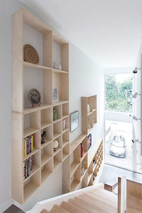 DESIGN DETAIL – A Grid Of Plywood Shelves Follow The Stairs Plywood Shelves, Diy Hanging Shelves, Understairs Storage, Stair Storage, Plywood Furniture, Furniture Hacks, Interior Architecture Design, Wood Furniture, Plywood