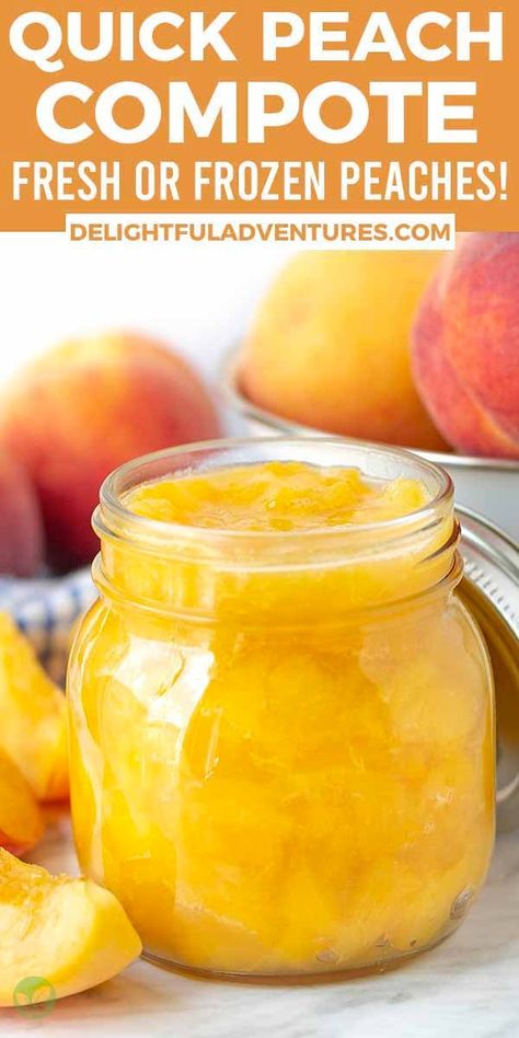 A quick and easy easy peach compote recipe that uses only three ingredients! It can be made with fresh or frozen peaches, has no cornstarch, and you can adjust the thickness to your preference. This delicious homemade peach sauce is great for topping cake, pancakes, waffles, cheesecake, ice cream, yogurt, and more! Peach Compote Recipe, Vegan Sweets Recipes, Peach Sauce, Peach Compote, Summer Fruit Recipes, Fresh Peach Recipes, Compote Recipe, Vegan Recipes Beginner, Vegan Breakfast Easy