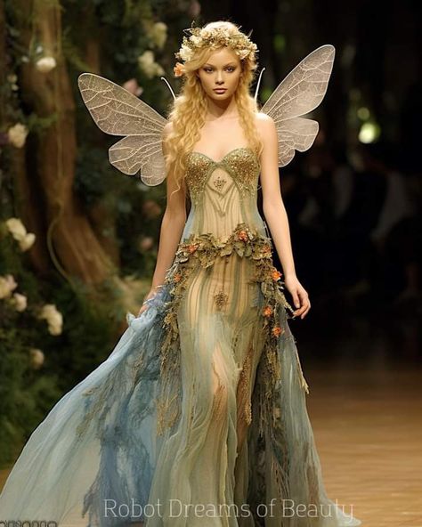 Fairy Garden Dress Aesthetic, Midsummer Nights Dream Fairy Costume, Fairy Fashion Show, Fairy Queen Outfit, Elf Fashion Aesthetic, Nymphs Costume, Fantasy Fairy Outfit, Nymph Costume Ideas, Nymph Outfits