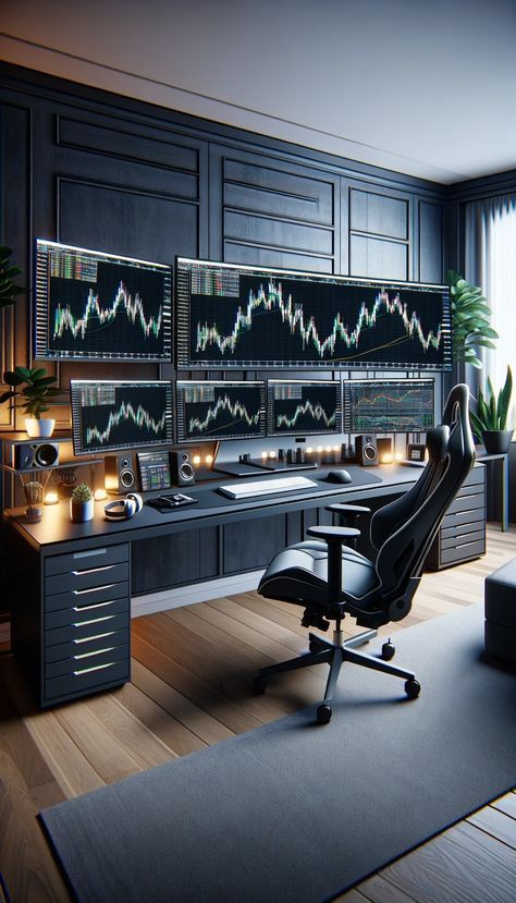 Mens Office Setup, Trading Screen Setup, Trading Room Setup Ideas, Trading Setup Desks, Day Trading Setup Home Office, Trading Office, Trading Setup, Gabriel Medina, Trading Plan