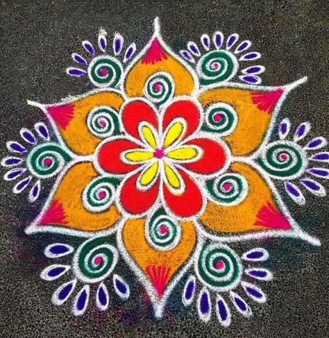 Kolam Designs Colourful, Easy Colourful Rangoli Designs, Simple Designs Rangoli, Easy Colour Rangoli Designs, Easy Simple Rangoli For Beginners, Everyday Rangoli Designs, Gyaras Rangoli, Simple Colour Rangoli Designs, Easiest Rangoli Designs