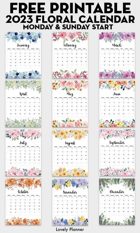 Free 2023 Floral Calendar with 12 flowery monthly calendar pages. Monday & Sunday Start both included - #lovelyplanner #floralcalendar #calendar #printablecalendar #printable #2023calendar Flower Calendar 2023, 2023calendar Printable Free, 2023 Calendar Printable Free Monthly Monday Start, Free Printables Calendar 2023, Printable Calendar Pages 2023, Free Monthly Calendar 2023, Monthly Calender Printables 2023, Free Printable Calendars 2023, Calenders Printable Free 2023