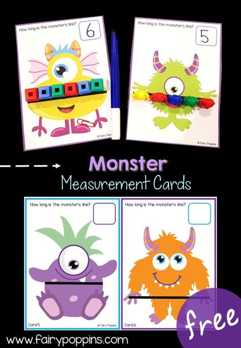 Monster measurement cards for measuring length with non-standard units ~ Fairy Poppins Fairy Poppins Free, Printables Organizational, Fairy Poppins, Measurement Kindergarten, Monster Activities, Measuring Length, Measurement Activities, Math Centers Kindergarten, Math Measurement