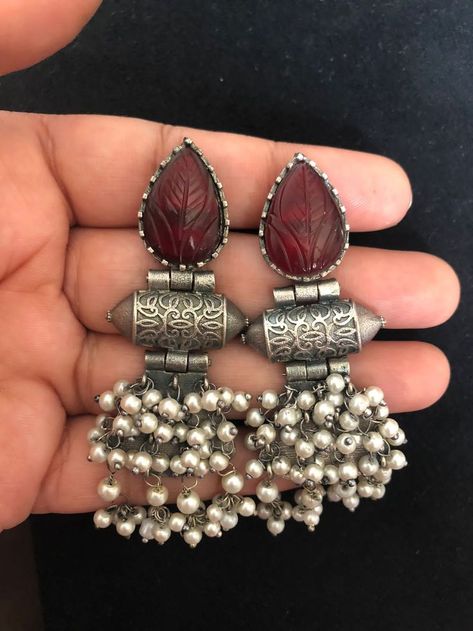 Buy Maroon Stone Oxidised Earrings Online - Yashvee Creation Oxidised Earrings, Girly Art, Online Earrings, Gold Jewelry Fashion, Wedding Attire, Indian Outfits, Diamond Earrings, Gold Jewelry, Fashion Jewelry