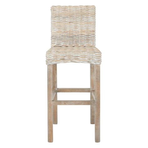 Safavieh Tobie Gray White Wash/Gray White Wash Bar Height Bar Stool in the Bar Stools department at Lowes.com Rattan Counter Stools, Grey Bar Stools, Rattan Bar, Coastal Cottage Style, Rattan Bar Stools, Grey Bar, Stools With Backs, Whitewash Wood, Kitchen Stools