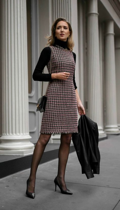 Mode Chanel, Houndstooth Dress, Womens Business Casual, Business Casual Dresses, Business Outfit, Tweed Dress, Professional Fashion, Business Dresses, Professional Outfits