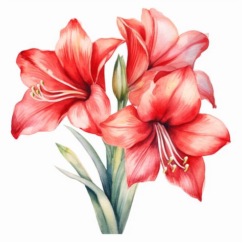 Watercolor Amaryllis Amaryllis Illustration, Amaryllis Watercolor, Amaryllis Flower Drawing, Amaryllis Drawing, Amaryllis Tattoo, Amaryllis Painting, Cute Flower Drawing, Bird Painting Acrylic, Amaryllis Flowers