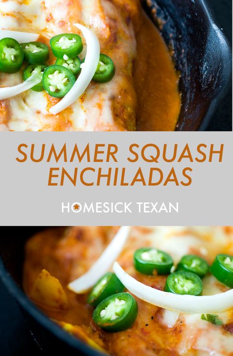 Summer squash enchiladas | Homesick Texan Texan Recipes, Squash Enchiladas, Mexican Entrees, Homesick Texan, Southwest Recipes, Latin American Food, Diner Recipes, Summer Squash, Squash Recipes