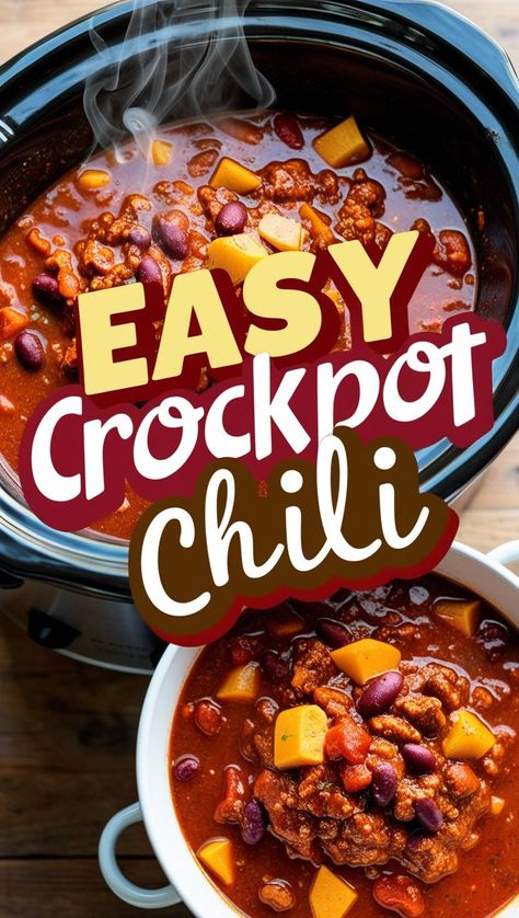 Make your weeknights easier with this simple crockpot chili recipe! Just toss in the ingredients, set it, and let the slow cooker work its magic. This hearty and flavorful chili is perfect for busy days when you want a warm, comforting meal without the fuss. Ideal for game nights or cozy dinners! #CrockpotChili #EasyDinner #SlowCookerRecipes #ComfortFood #BusyWeeknightMeals #HeartyChili #DinnerMadeEasy #FallRecipes #SlowCookerChili #QuickPrep #OnePotMeals #EasyChili Old Fashioned Chili Recipe Crock Pot, Chili No Beans Recipe Crockpot, Best Chilli Recipes Crockpot, Meat And Bean Chili Recipe, Easy Crockpot Chilli, Hearty Crockpot Meals, Chili In Crockpot, Crockpot Beef Chili, Crockpot Chili Recipes