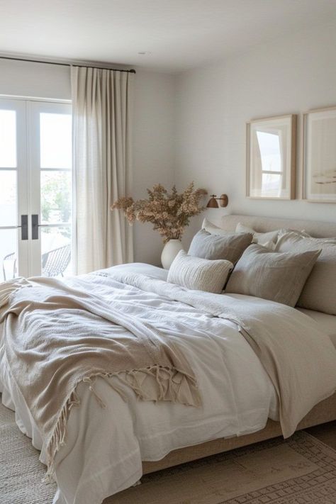 Cozy Bed Decor Ideas, Mountain Chic Bedroom, Mountain Room Aesthetic, Cozy Bedding Aesthetic, Bedding Inspo Cozy, Bedroom Ideas Pastel, Neutral Room Aesthetic, Neutral Bedding Ideas, Neutral Bedroom Ideas