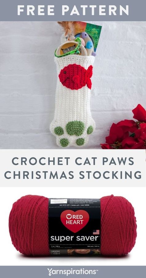 Free Cat Paws Christmas Stocking using Red Heart Super Saver yarn. Give kitty her goodies in this crochet stocking! Designed with lots of room for treats and toys, this playful project promises fun and frolic for kitty on Christmas morning. #Yarnspirations #FreeCrochetPattern #CrochetStocking #CrochetChristmas #CrochetXmas #CrochetHoliday #DIYChristmas #DIYHoliday #ChristmasStocking #HolidayStocking #Xmas #RedHeartYarns #RedHeartSuperSaver Crochet Cat Stocking Pattern Free, Crochet Cat Christmas Stocking, Crochet Pet Stocking, Christmas Stocking Pattern Free, Stocking Pattern Free, Kat Haken, Cat Christmas Stocking, Crochet Christmas Stocking Pattern, Red Heart Super Saver Yarn