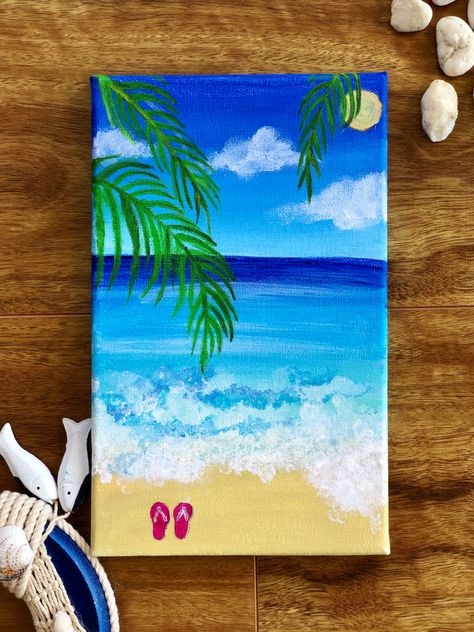 Beach canvas painting for beginners . . . . #canvaspaintingacrylic #beginners #canvaspaintingideas #paintingideas #beachpainting Summer Acrylic Painting Ideas Canvases, Canvas Painting Ideas Beach Easy, Mini Canvas Art Beach Easy, Beach Canvas Painting Easy, Painting Beach Easy, Beach Theme Painting, Easy Beach Painting For Beginners, Beach Paintings On Canvas Easy, Beach Acrylic Painting Easy