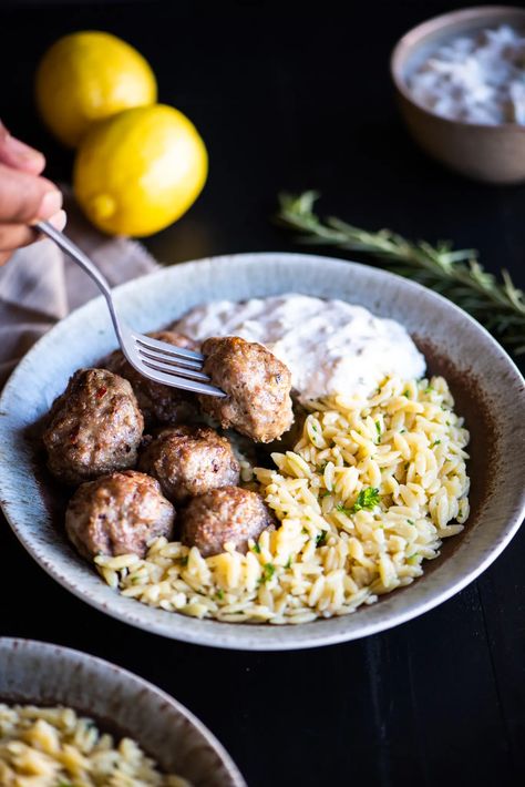 Lemon Butter Orzo, Ground Lamb Meatballs, Baked Lamb Meatballs, Butter Orzo, Lemony Orzo, Lamb Meatballs Greek, Ground Lamb Recipes, Lamb Pasta, Meatball Dinner