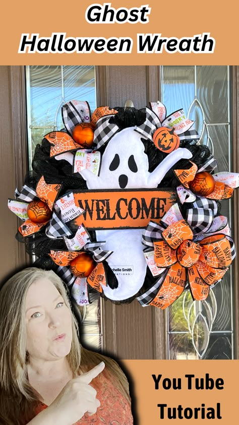 I have a Dollar Tree Halloween wreath. In today's crafting adventure I will be using one of the new Dollar Tree wreath decoration kits. You have four designs to choose from, Frankenstein, Witch,Skeleton, & Ghost. Today I will be using the Ghost attachment in the Halloween wreath. Halloween Dollar Tree Wreath, Diy Dollar Store Halloween Wreath, Halloween Wreath Ghost, Ghost Wreath Ideas, Ghost Wreaths For Front Door, How To Make Dollar Tree Wreath, Halloween Ghost Wreath Diy, Halloween Wreath Tutorial, Diy Halloween Wreaths For Front Door Dollar Tree