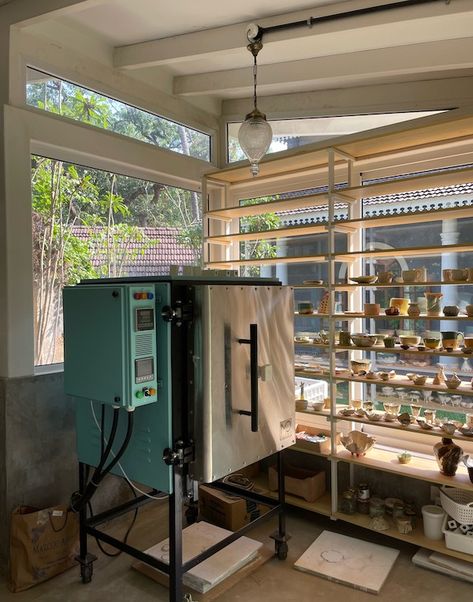 She Shed Pottery Studio, Pottery Studio Storage Ideas, Home Pottery Studio Workspaces, Garage Pottery Studio Ideas, Garden Pottery Studio, Backyard Pottery Studio, Inside A She Shed, Pottery Shed Ceramic Studio, Tiny Pottery Studio