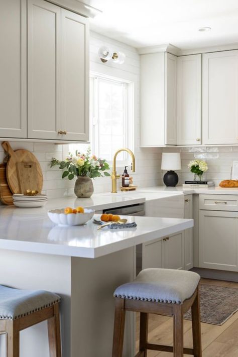 neutral, luxury kitchen Classic Timeless Kitchen, Timeless Kitchen Design, Sage Kitchen, Quartz Backsplash, Timeless Kitchen, Kitchen Transformation, Subway Tile Backsplash, Brass Fixtures, Durable Flooring