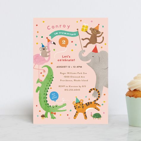 "confetti crew" - Children's Birthday Party Invitations in Sugar Cookie by Jennifer Wick. Animal Themed Birthday Party, Animal Theme Birthday, Confetti Birthday Party, Animal Birthday Invitation, Animal Party Theme, Colorful Confetti, Confetti Birthday, Circus Animals, Animal Birthday Party