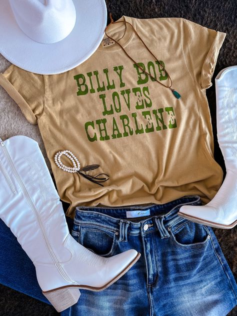 Brand: Comfort Color Fit: Unisex Material: 100% Cotton Billy Bob Loves Charlene Shirt, Western Long Sleeve Shirts, T Shirt Shop Display Ideas, Country Shirt Designs, Western Tee Shirts, Western Shirts For Women, Western Tees, Western Graphic Tees, Western Style Outfits