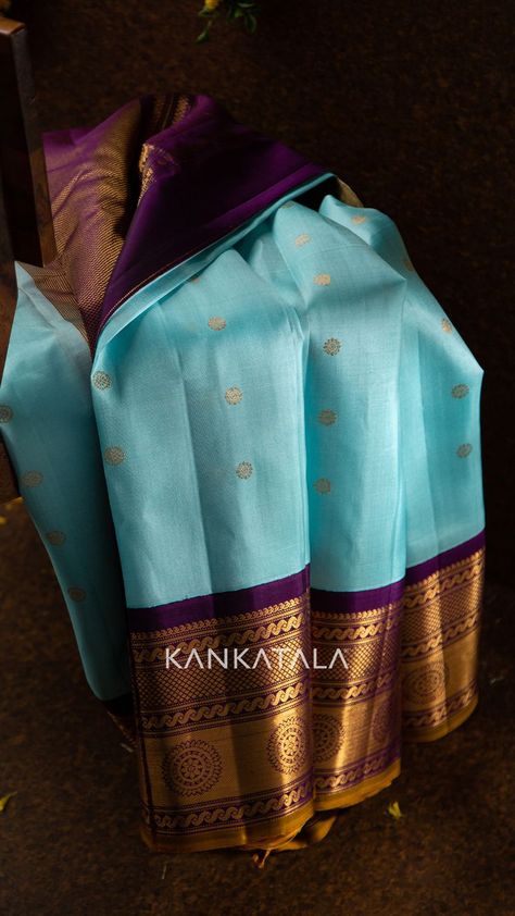 Sky Blue Pattu Saree Wedding, Full Skirt And Top, Saree Color Combinations, Silk Saree Blouse Designs Patterns, Purple Border, Latest Silk Sarees, Blue Silk Saree, Kanjivaram Sarees Silk, Blue Color Combinations