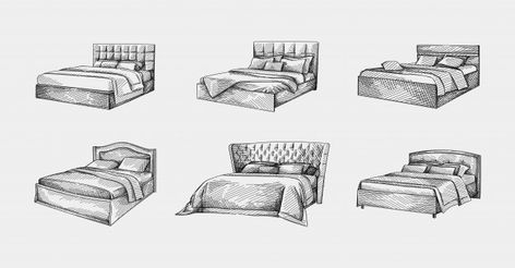 Set of hand-drawn sketches of beds. doub... | Premium Vector #Freepik #vector #vintage #hand #hand-drawn #furniture Furniture Perspective Drawing, Bed Design Drawing, Bed Perspective Drawing, How To Draw A Pillow, Pillow Drawing Sketch, How To Draw A Bed, Bed Drawing Sketches, Bedroom Drawing Sketches, Bed Sketch