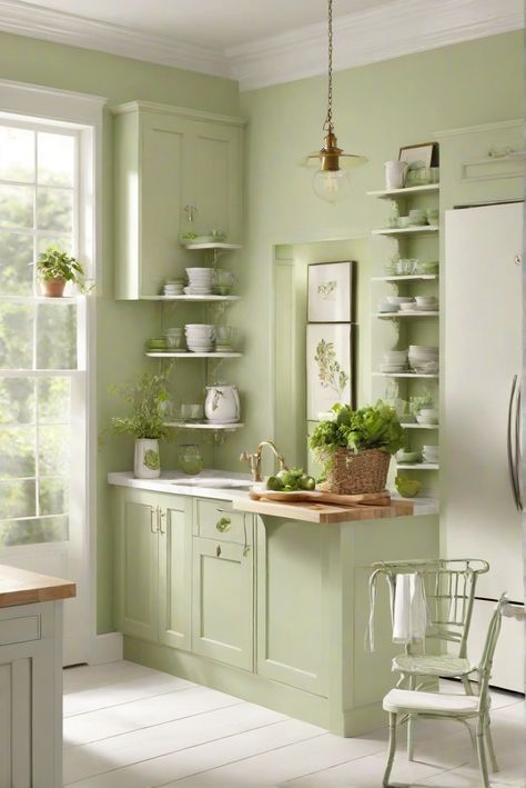 interior design, kitchen designs, home decor, home paint colors Light Green House, Green Kitchen Walls, Eclectic Kitchen Design, Light Oak Floors, Kitchen Decor Styles, 2024 Kitchen, Kitchen Walls, Kitchen Wall Colors, Eclectic Kitchen