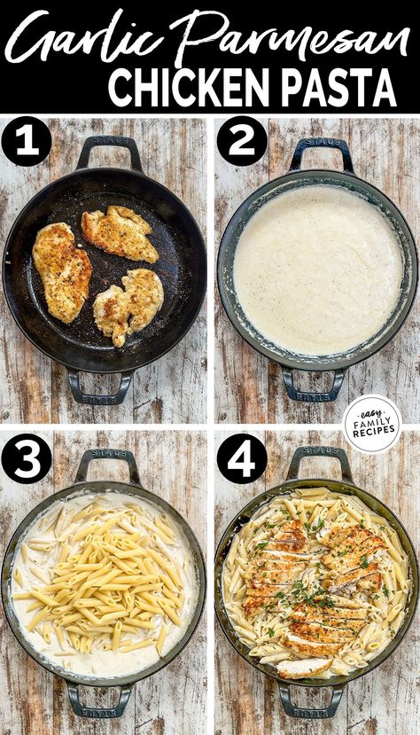 This creamy, full-of flavor pasta topped with crispy chicken is so easy to make! Ready in less than 30 minutes, Parmesan Garlic Chicken Pasta is fast and easy - the perfect weeknight dinner. First, cover the chicken in garlic parm breadcrumbs and cook it on the stove top until golden and juicy. Then, whip up the creamy sauce for the pasta. Mix the pasta in the sauce and serve with the sliced chicken on top. It’s the best! This Garlic Parmesan Chicken Pasta is on steady rotation in our house. Parmesan Garlic Chicken Pasta, Muscle Meals, Parmesan Garlic Chicken, Garlic Parmesan Chicken Pasta, Parmesan Chicken Pasta, Garlic Chicken Pasta, Garlic Parmesan Pasta, Viral Recipes, Chicken Parmesan Pasta